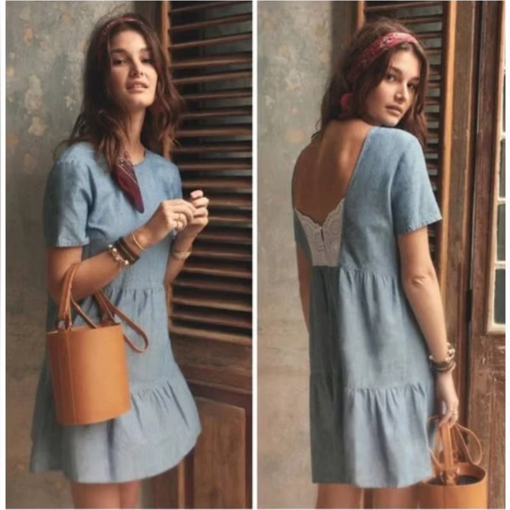 Sezane Garance Robe Cotton Linen Chambray Dress Sz:34/ US 2